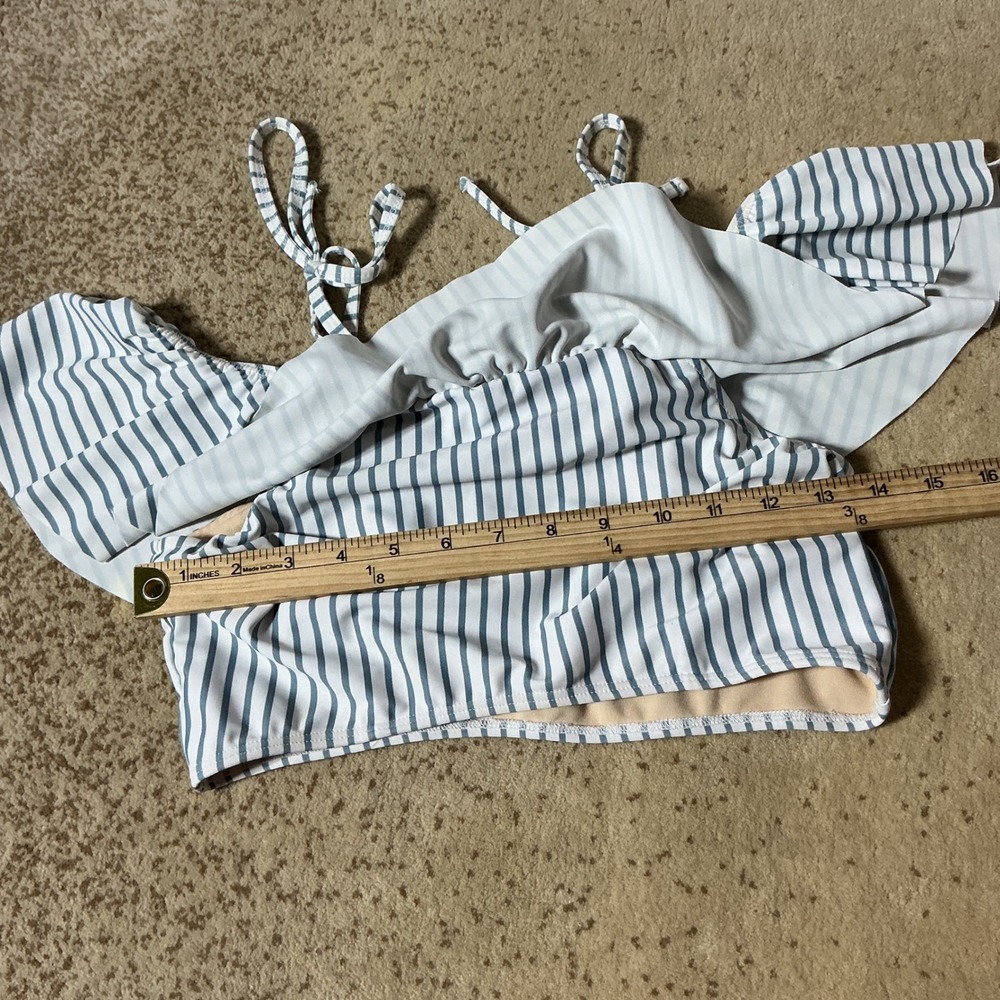Albion Fit Blue White Striped Ruffle Bikini Top Womens Medium Tie Strap Swim - Picture 4 of 6
